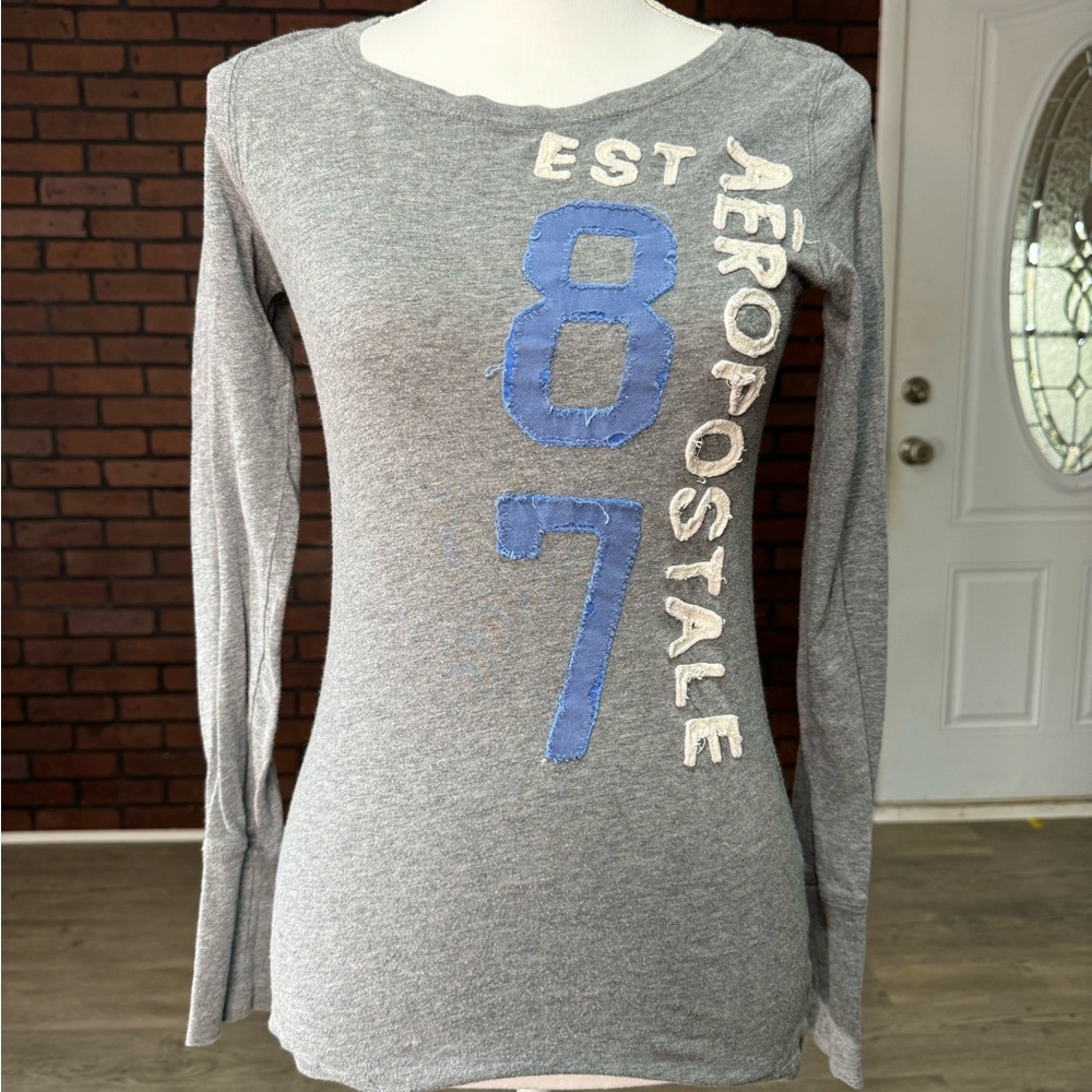 Aeropostale Est 87 Gray Long Sleeve Graphic Tee Medium Y2K Top